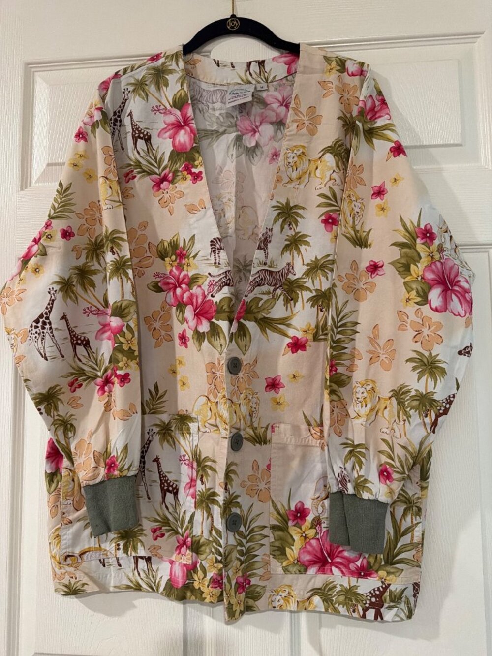 S.C.R.U.B.S. Womens Jungle Safari Print Cotton Button-Up Scrub Jacket With Pocke